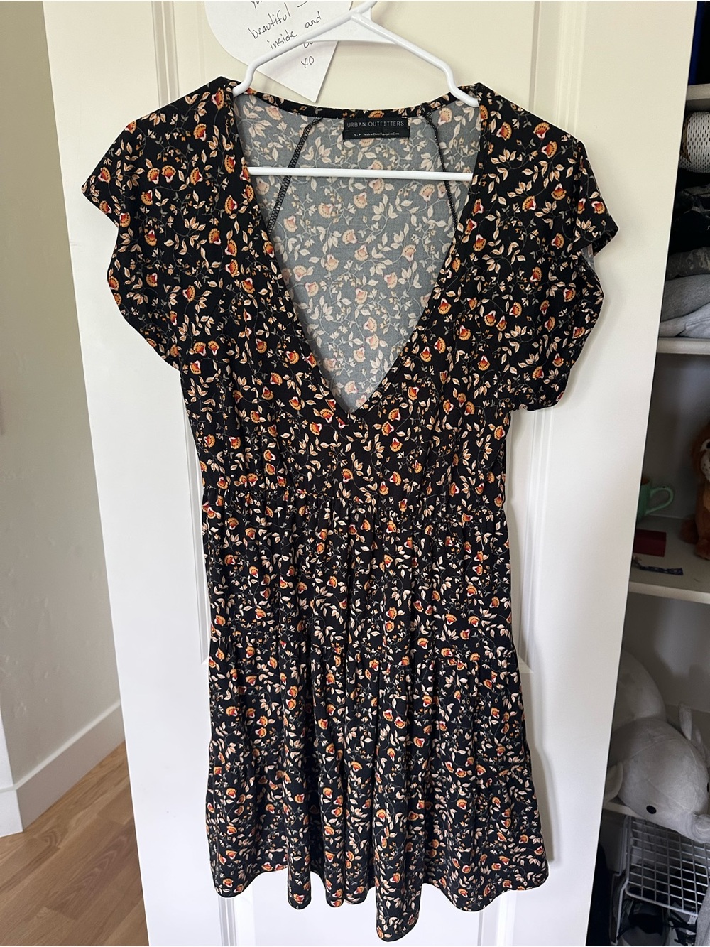 Urban Outfitters Floral V-Neck Short Sleeve Dress - Black with Orange Floral
